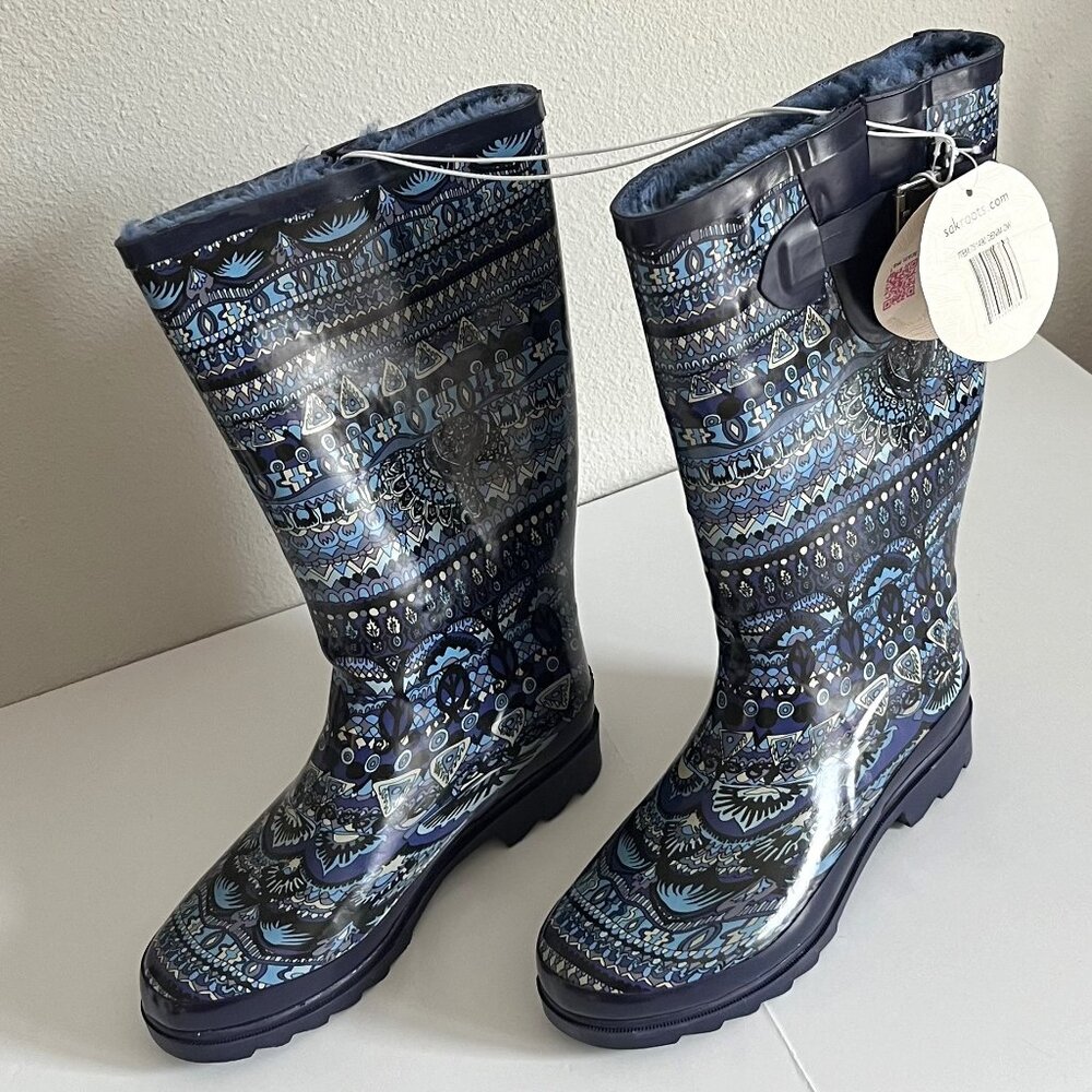 Sakroots One World Blue Elephant Peace Rain Boot with Faux Fur Lining Size 8